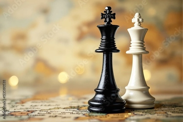 Fototapeta Black and white chess kings on a world map background.