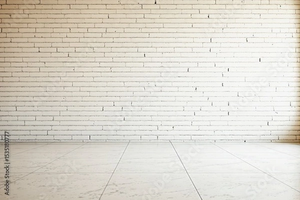 Fototapeta Empty white brick wall with tiled floor background.