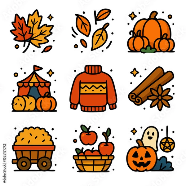Obraz Fall season icons with pumpkins, apples, and a sweater; perfect for autumnthemed designs like cards, invitations, social media posts.