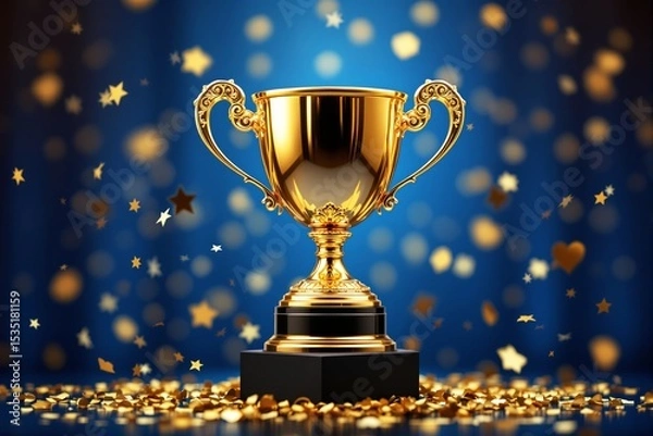 Fototapeta Golden trophy with intricate handles on black base, surrounded by gold confetti and stars. Blue background with bokeh lights.