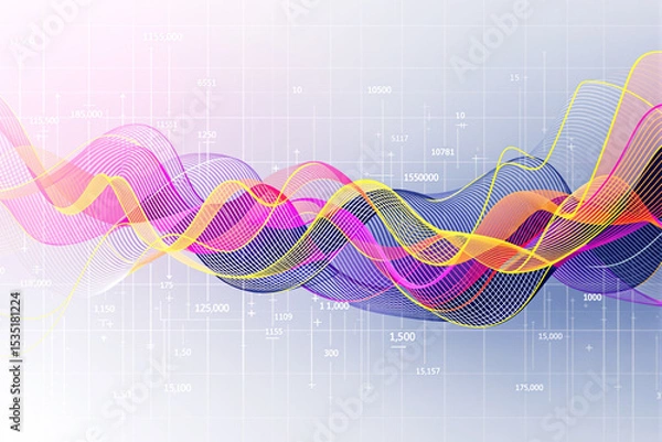 Fototapeta Abstract financial background with colorful wave lines and data points.