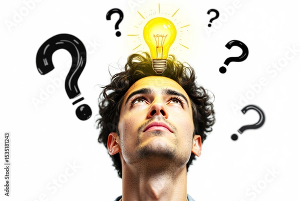 Fototapeta Man looking up with a glowing light bulb above his head, surrounded by question marks, symbolizing an idea or inspiration.