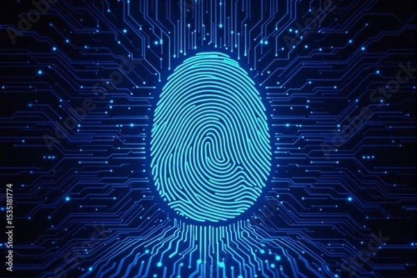 Fototapeta Glowing digital fingerprint with circuit connections on dark background.
