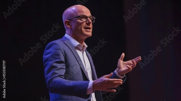 Fototapeta Bald man in glasses giving a presentation on stage.