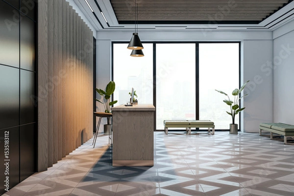 Fototapeta Modern reception desk in stylish office lobby with geometric floor tiles, large windows, and natural light creating a sleek business environment. 3D Rendering