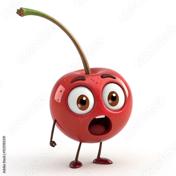 Obraz Shocked Red Cherry Character on White Background with Arms Legs and Cartoon Eyes