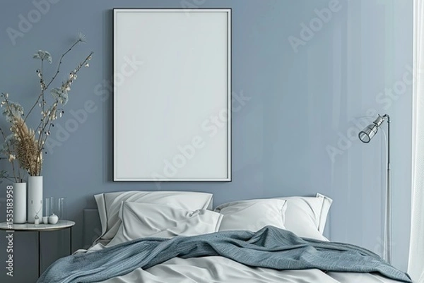 Fototapeta Ultra Hd Picture of Frame Mockup in Bedroom with Blue Blanket 3D Rendering