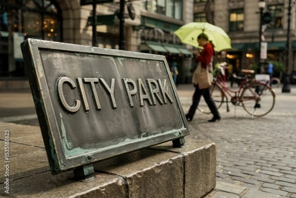 Fototapeta A photograph of a weathered bronze plaque displaying the words CITY PARK mounted on a cobblestone street in a bustling urban environment