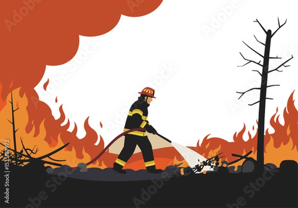 Fototapeta A firefighter battles a wildfire, using a hose to control the flames. Dramatic scene with smoke and a barren tree. Clear tackle illustration.