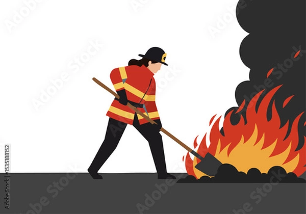 Fototapeta A female firefighter uses a shovel to extinguish flames. Dynamic composition, bold colors, and a sense of urgency. Suitable for commercial use.