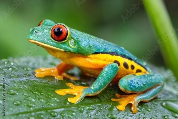 Fototapeta Red eyed tree frog perching on a wet leaf in the rainforest