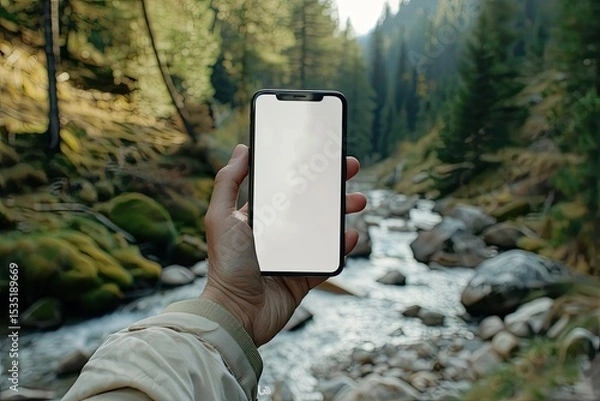 Fototapeta A Lifelike Smartphone Mockup Held by a Person in a Natural Environment, Generated by Ai