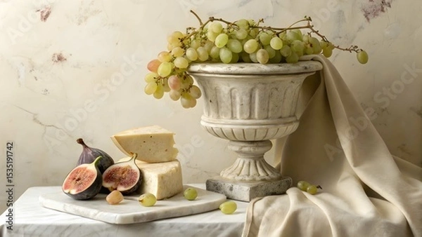 Fototapeta Still life grapes figs and cheese art