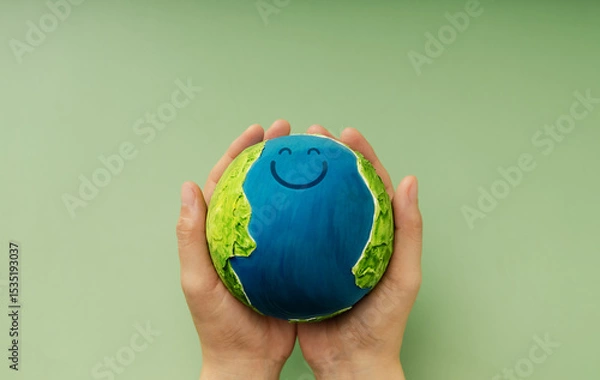 Fototapeta Happy Earth in hands symbolizing sustainability, global happiness, environmental care, and ecological responsibility