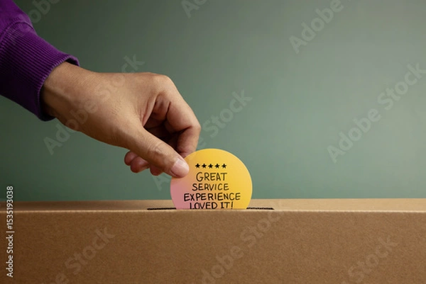 Fototapeta Hand putting Customer Service Experience Review card in box symbolizing Feedback, survey response, and constructive evaluation