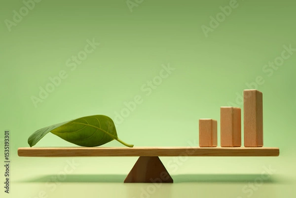 Fototapeta Sustainable, Green investment, financial, and eco-friendly economic growth. Wooden Bar Graph and a Green Leaf balanced on a scale