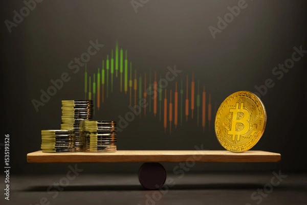 Fototapeta Investment comparison between cryptocurrency and cash, showing risk and balance in digital asset portfolio