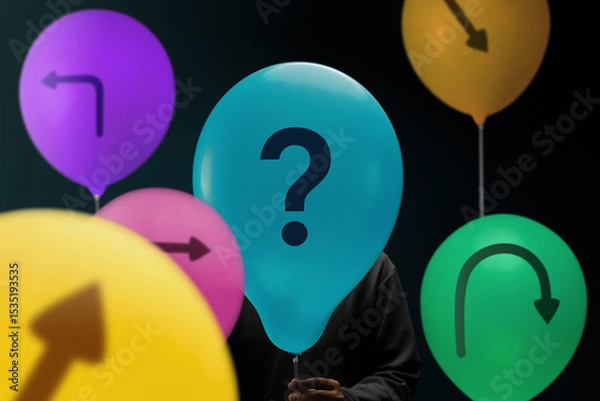 Fototapeta Economic uncertainty symbolized by arrows and a question mark on Balloon, reflecting volatility and lack of clear direction