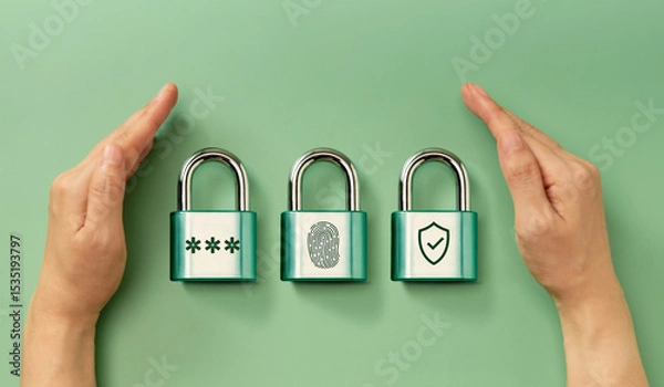 Obraz Cybersecurity Conceptual image. Hands securing padlocks representing password, fingerprint, and shield for digital authentication and multi-layered security