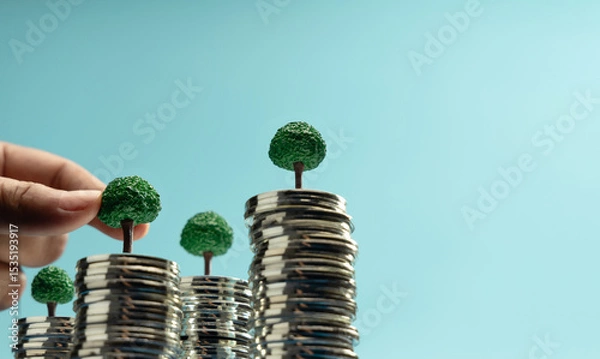 Fototapeta Hand putting Mini trees to growing on coin stacks symbolizing sustainable investment, green finance, and eco-friendly economic growth
