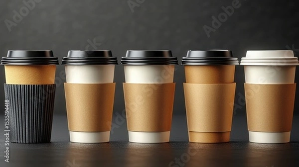 Fototapeta Five takeaway coffee cups in a row