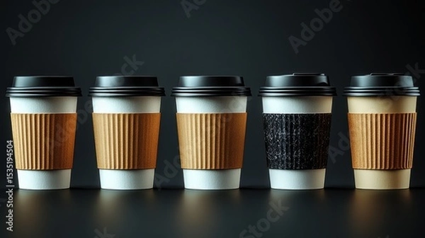 Fototapeta Five takeaway coffee cups in a row