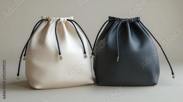 Fototapeta Two drawstring bags in cream and black leather