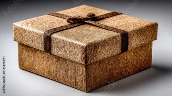 Fototapeta Square brown gift box with brown twine bow