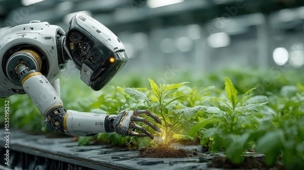 Fototapeta Advanced agricultural robot tending to plants