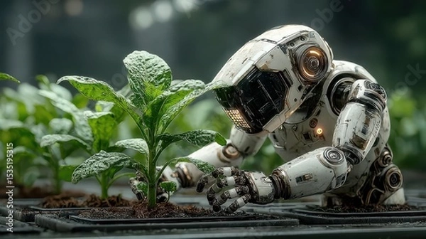 Fototapeta Futuristic robot tending to young plants in a greenhouse