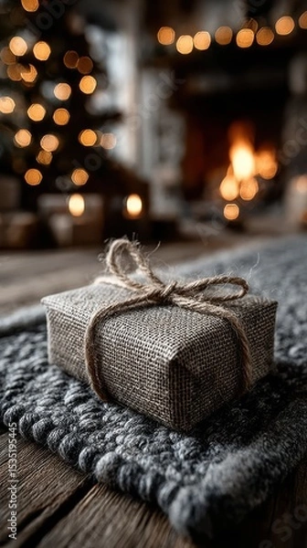 Fototapeta Rustic christmas gift by fireplace and tree