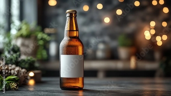 Fototapeta Cold beer bottle with blank label on table