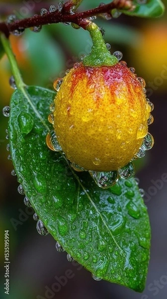 Fototapeta Dew covered fruit on a lush green leaf