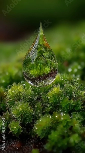 Fototapeta A single dewdrop on vibrant green moss