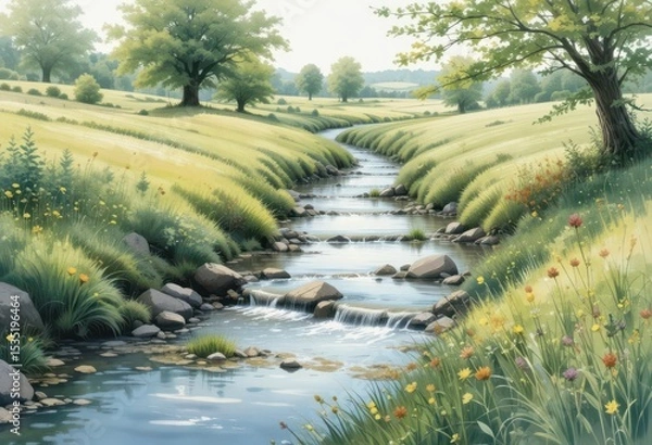 Obraz  Babbling Brook Capturing the Tranquility and Charm of the English Countryside with Delicate Watercolor Techniques