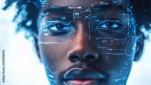 Obraz Young African American man with digital facial overlay, showcasing futuristic technology and innovation, representing the intersection of humanity and artificial intelligence in a modern context