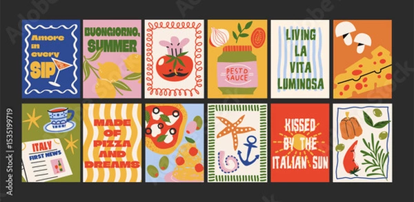 Fototapeta Abstract Italian summer posters in 90s style. Bright compositions: pizza, lemons, cocktails, seafood in cartoon trendy retro style. Decor for kitchens, cafes and restaurants. Minimalist wall banners