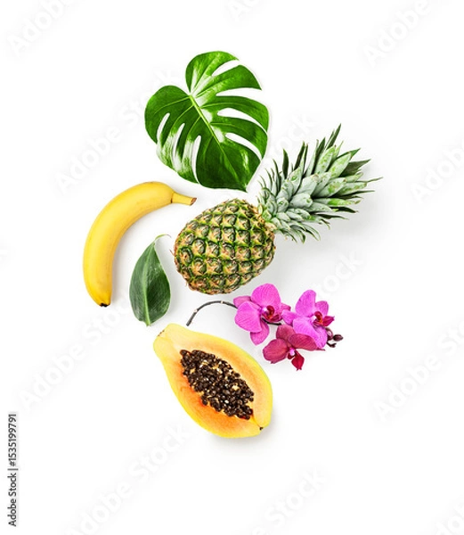 Obraz Composition with tropical fruits, flowers, leaves photography isolated on white background