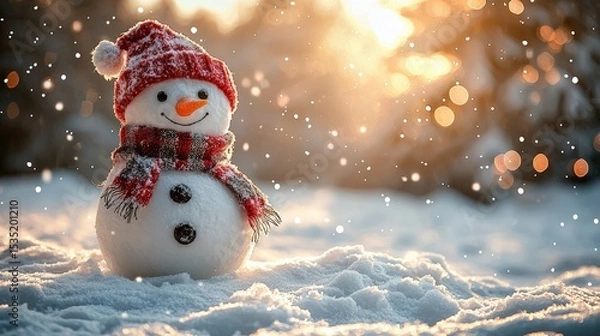 Fototapeta Snowman on snow, christmas winter background with snow and blurred bokeh landscape