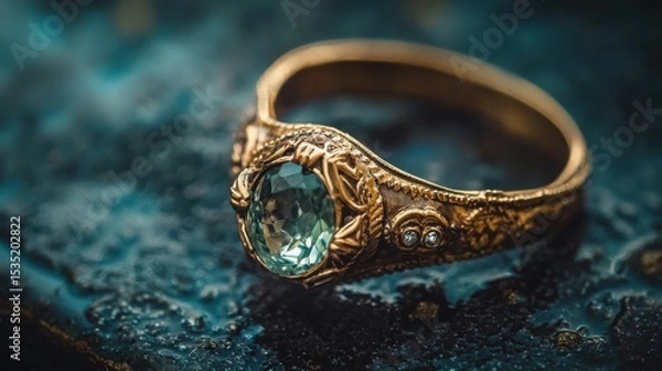 Fototapeta Vintage gold ring with blue gemstone displayed on textured surface in soft natural light