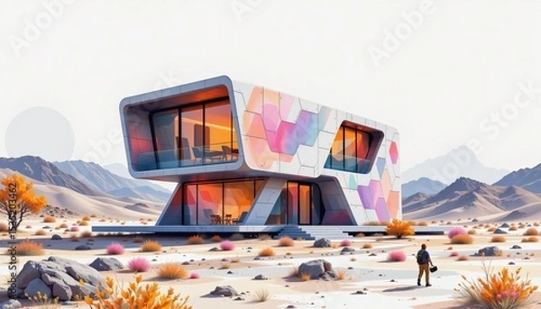 Obraz watercolor painting, futuristic two story house with reflective panels, smart panels, lunar plain setting, white background, photorealistic