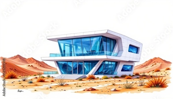 Obraz watercolor painting, futuristic two story house with reflective facade, smart glass, martian outpost setting, white background