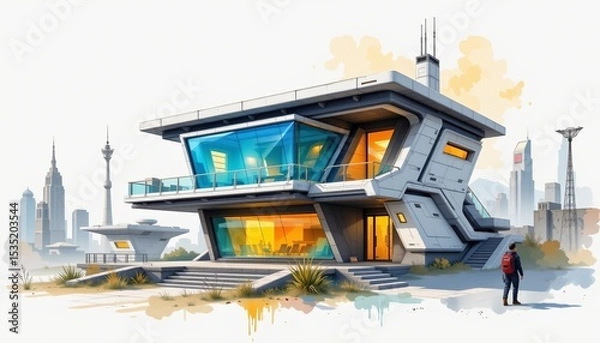 Obraz watercolor painting, futuristic two story house with translucent glass, glowing roof, sci fi cityscape setting, white background