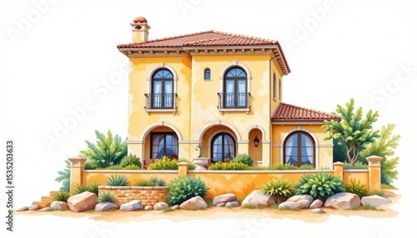 Obraz watercolor painting, mediterranean two story house with arched windows, ochre plaster, beachfront setting, white background, photorealistic