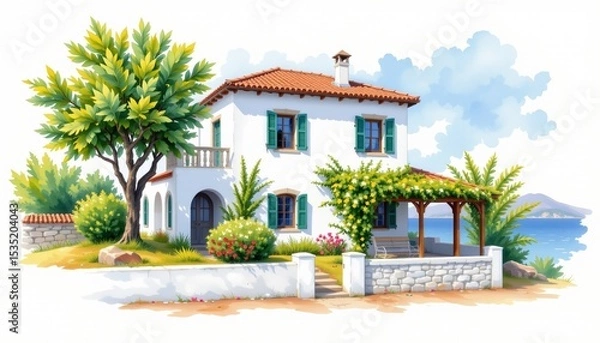 Obraz watercolor painting, mediterranean two story house with white stucco, red roof, seaside setting, white background, photorealistic