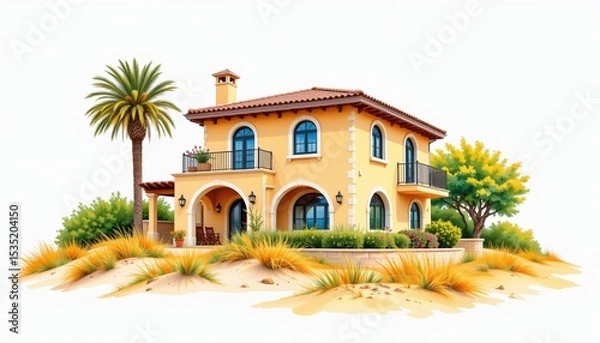 Obraz watercolor painting, mediterranean two story house with arched windows, ochre facade, coastal dune setting, white background