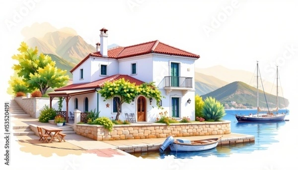 Obraz watercolor painting, mediterranean two story house with white plaster, red tiles, harbor setting, white background, photorealistic