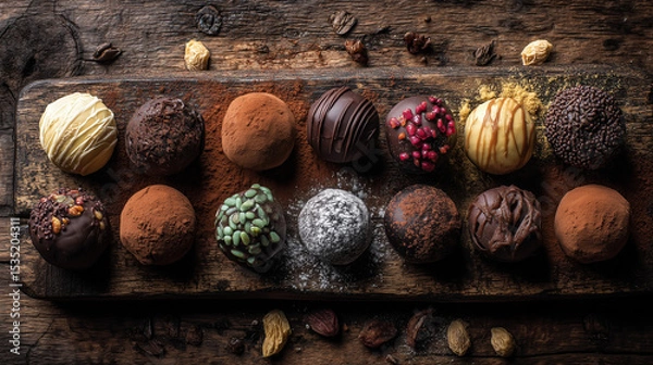 Obraz Assorted Chocolate Bonbons on Rustic Wooden Board, Top View