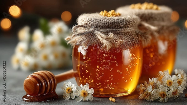 Obraz Honey Jars with Dippers, Flowers, and Bee Pollen on White Background