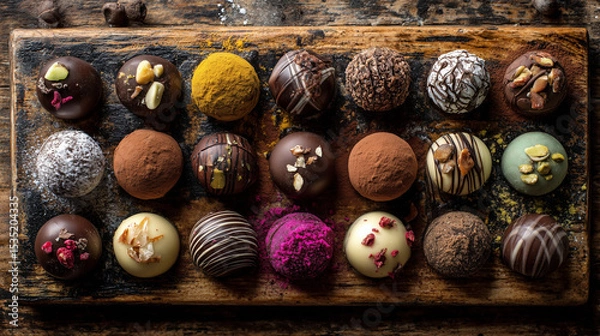 Obraz Assorted Chocolate Bonbons on Rustic Wooden Board, Top View